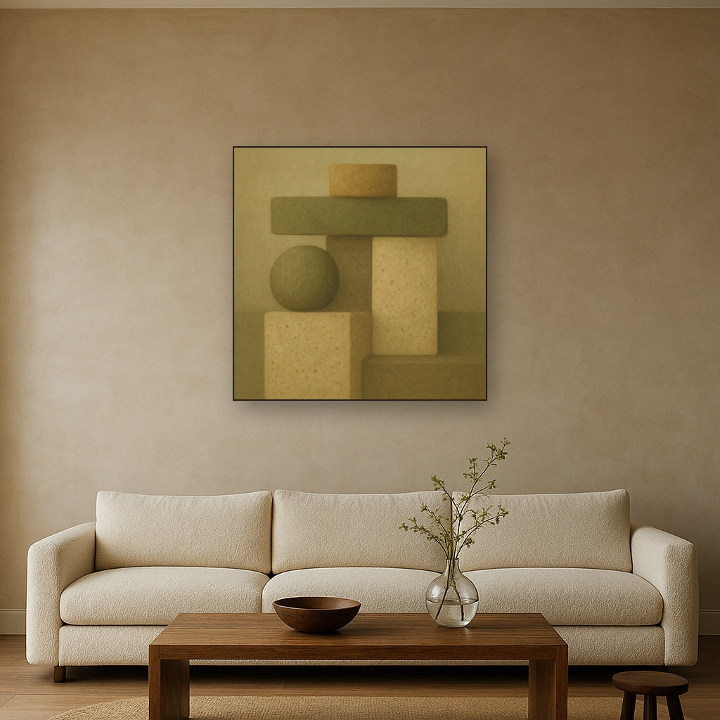 Muted Olive & Sandstone Geometric Balance No. 9 Oil Painting - View 2