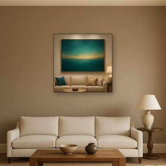 Peacock Teal & Champagne Gold Horizon No. 3 Oil Painting - View 2