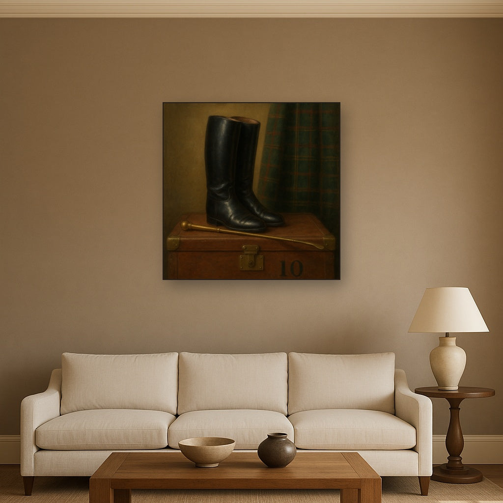 Vintage Riding Boots & Brass Crop on Trunk No. 10 Oil Painting - View 2