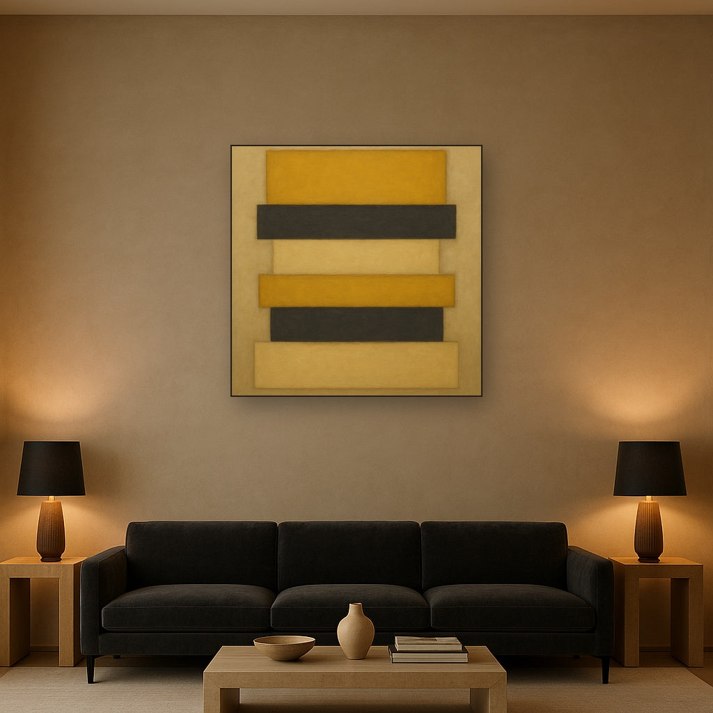 Stacked Horizon Blocks in Mustard & Charcoal No. 12 Oil Painting - View 2