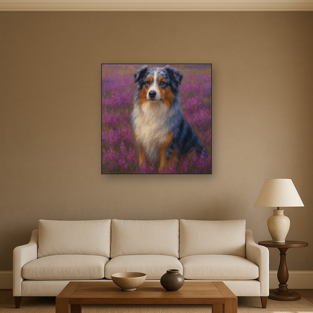 Australian Shepherd in Blooming Heather Field No. 15 Fine Art Oil Painting - View 2