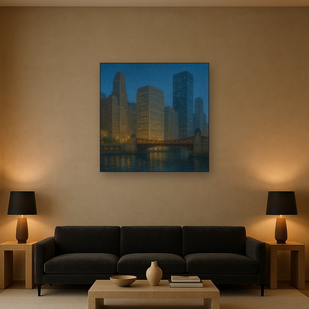 Chicago Riverfront Architecture at Blue Hour No. 20 Oil Painting - View 2