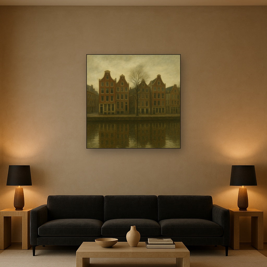 Amsterdam Canal Houses Under Overcast Sky No. 3 Oil Painting - View 2