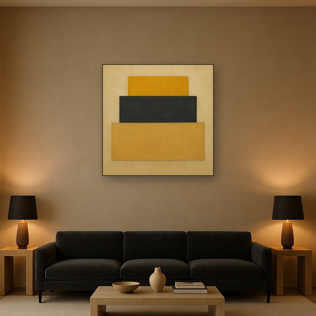 Stacked Horizon Blocks in Mustard & Charcoal No. 18 Oil Painting - View 2