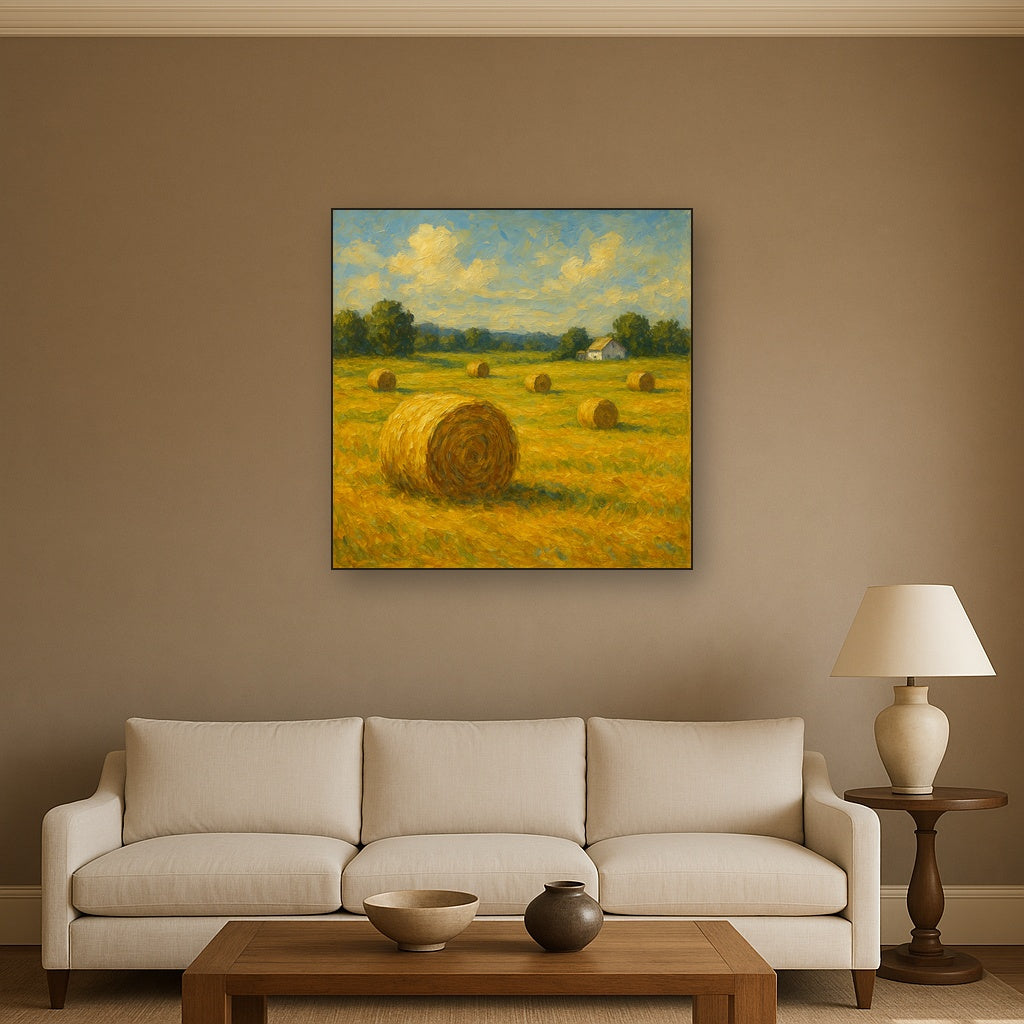 Rolling Meadow Hay Bales Horizon No. 5 Oil Painting - Styled in Modern Living Room