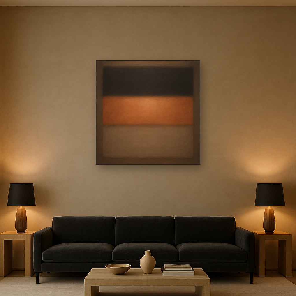 Charcoal Slate & Burnished Copper Horizon No. 13 Oil Painting Staged Above Sectional Sofa in Living Room, Hand Painted Canvas Wall Art for Home Decor