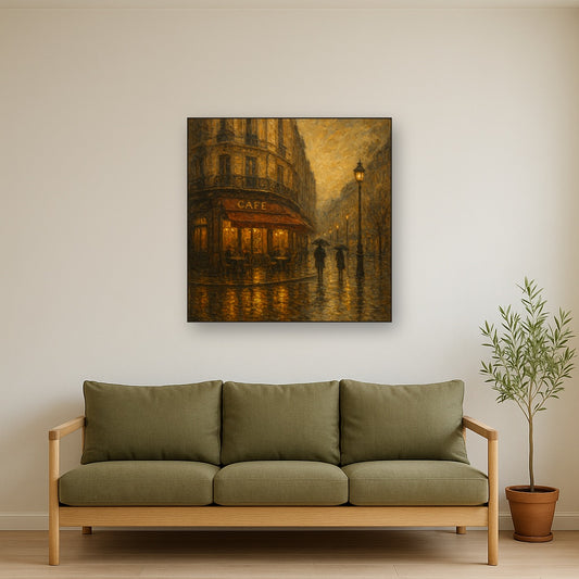 Parisian Cafe Rain Reflections No. 4 Oil Painting - Styled in Modern Living Room