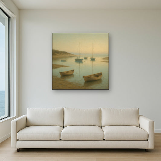 Quiet Fishing Harbor at Morning Low Tide No. 18 Oil Painting Staged Above Sectional Sofa in Living Room, Hand Painted Canvas Wall Art for Home Decor