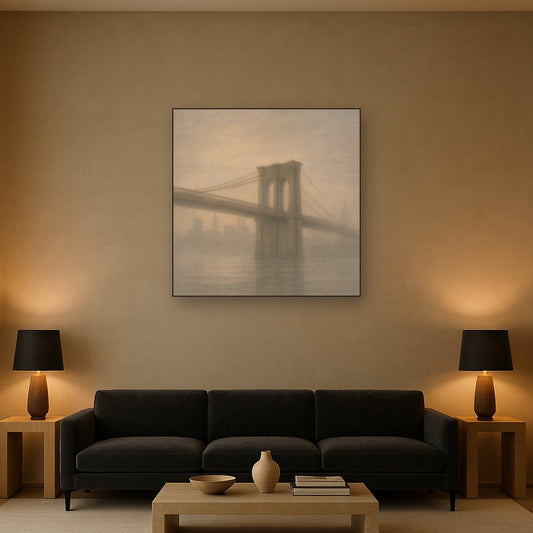 Brooklyn Bridge in Morning River Mist No. 20 Oil Painting Staged Above Sectional Sofa in Living Room, Hand Painted Canvas Wall Art for Home Decor