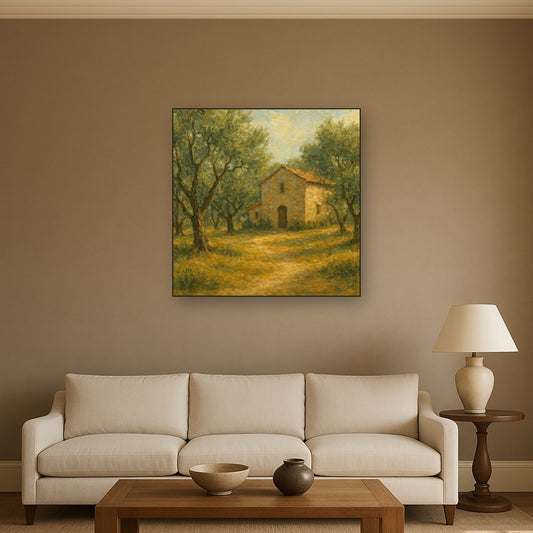 Vintage Olive Grove & Stone Farmhouse No. 4 Oil Painting - Styled in Modern Living Room