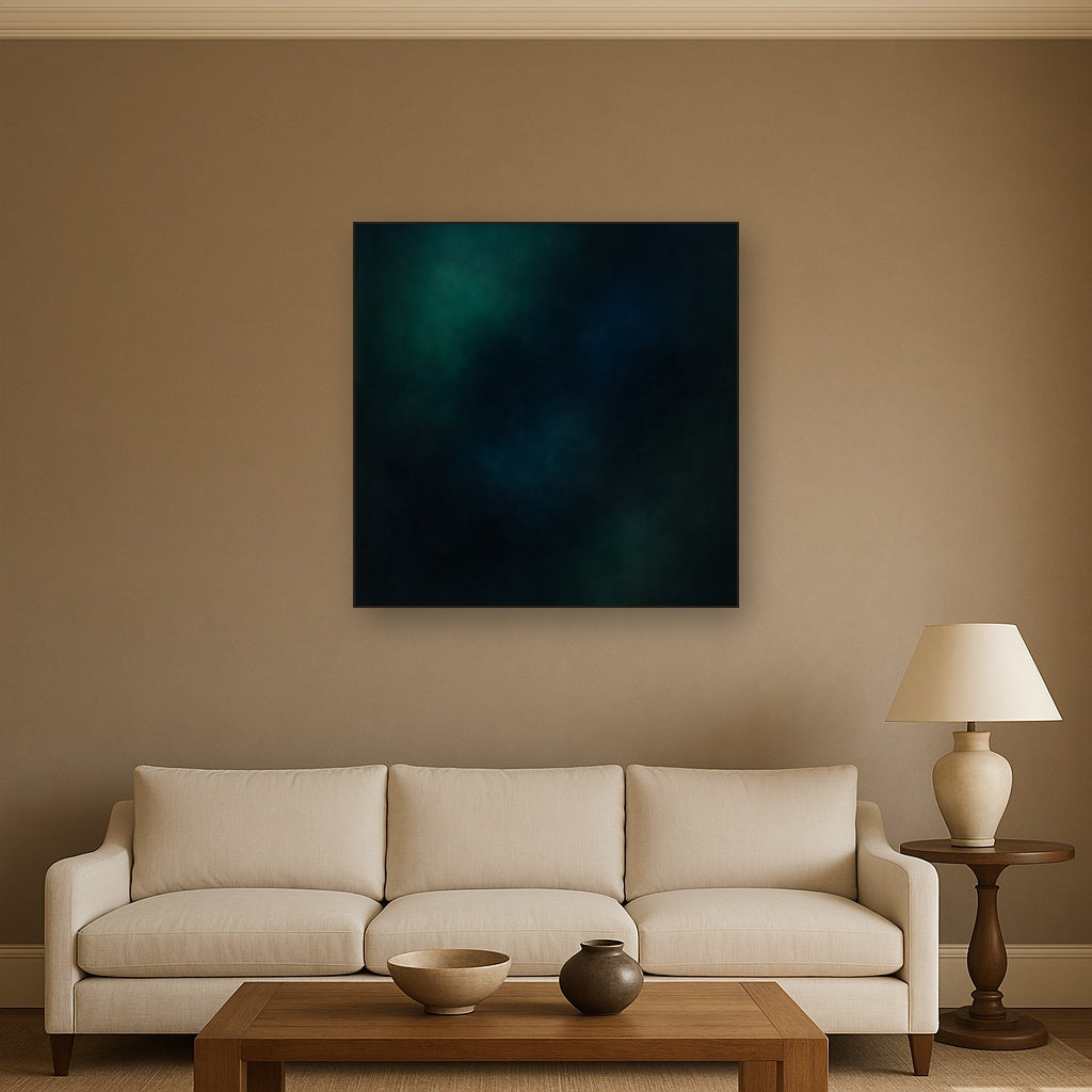 Emerald & Midnight Sapphire Sfumato Immersion No. 13 Oil Painting Staged Above Sectional Sofa in Living Room, Hand Painted Canvas Wall Art for Home Decor