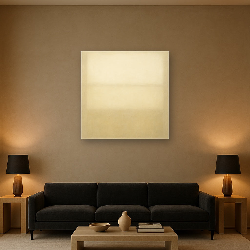 Oatmeal White & Pale Alabaster Monochrome Study No. 16 Oil Painting Staged Above Sectional Sofa in Living Room, Hand Painted Canvas Wall Art for Home Decor