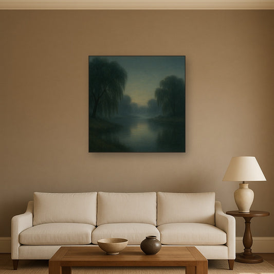 Tranquil Riverbank at Twilight Mist No. 3 Oil Painting Staged Above Sectional Sofa in Living Room, Hand Painted Canvas Wall Art for Home Decor
