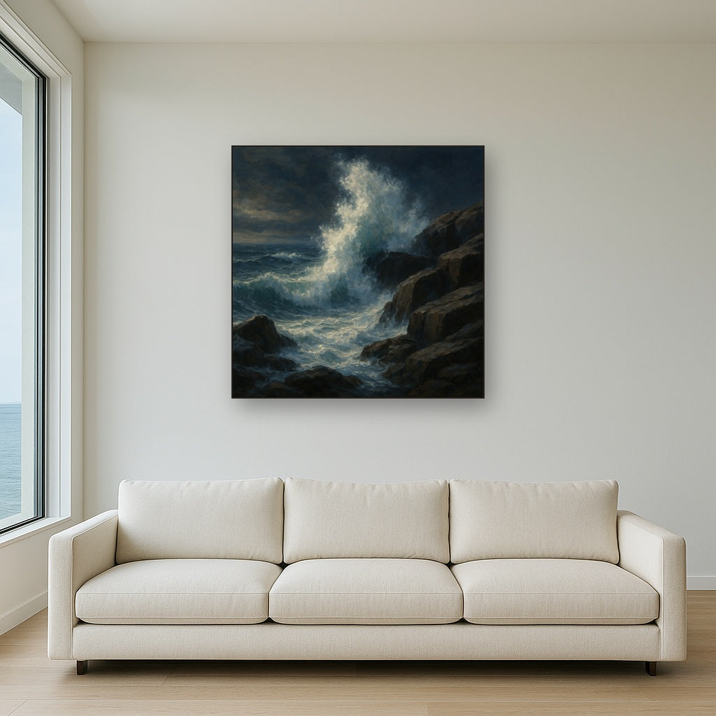 Dramatic Storm Waves on Crashing Granite Rocks Fine Art Oil Painting - View 2