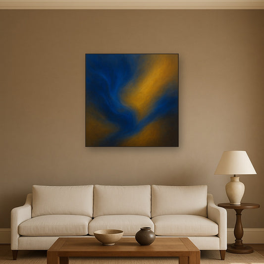 Lapis Lazuli & Golden Ochre Luminous Field No. 18 Oil Painting Staged Above Sectional Sofa in Living Room, Hand Painted Canvas Wall Art for Home Decor