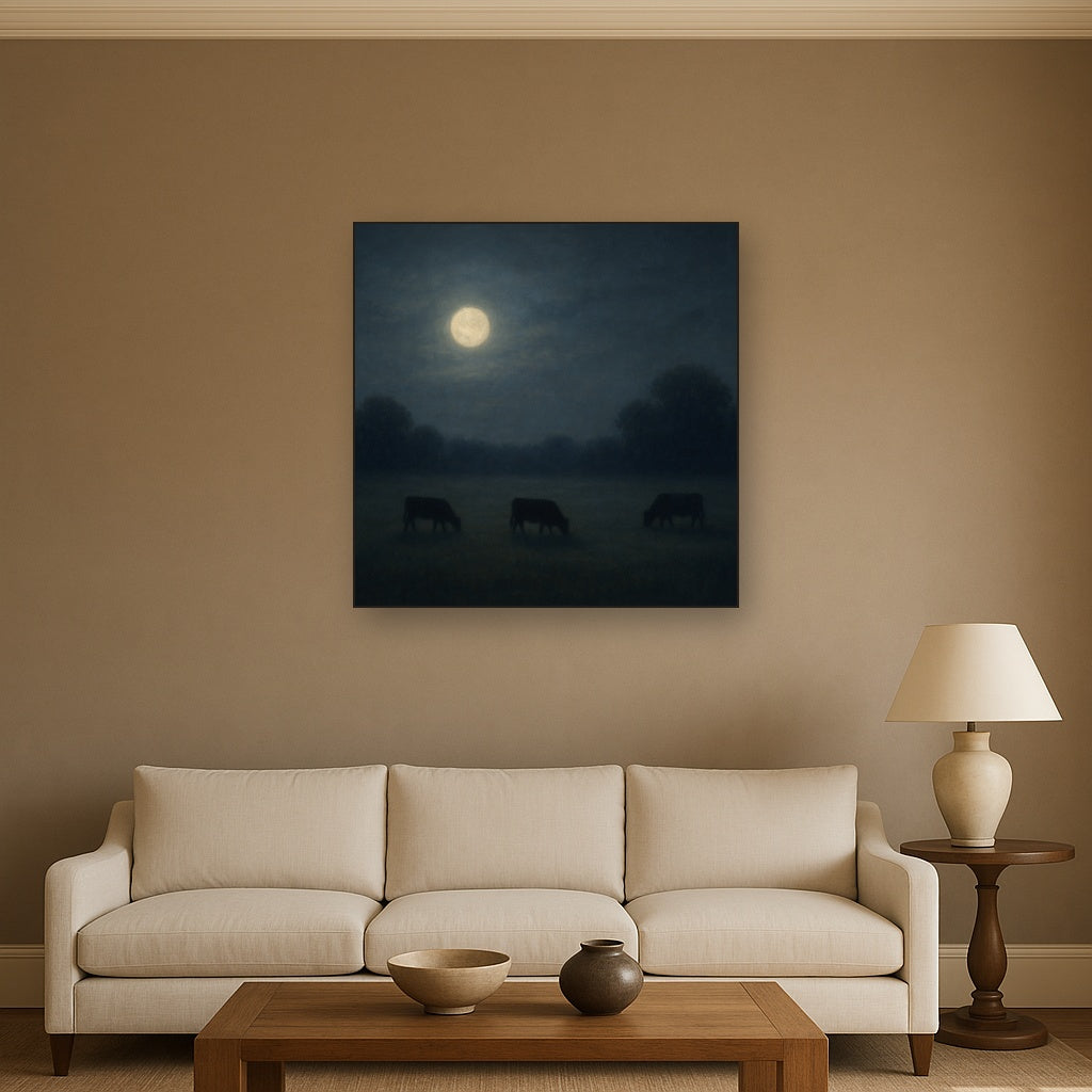Moonlit Pastoral Meadow & Cattle Silhouettes No. 4 Oil Painting - View 2