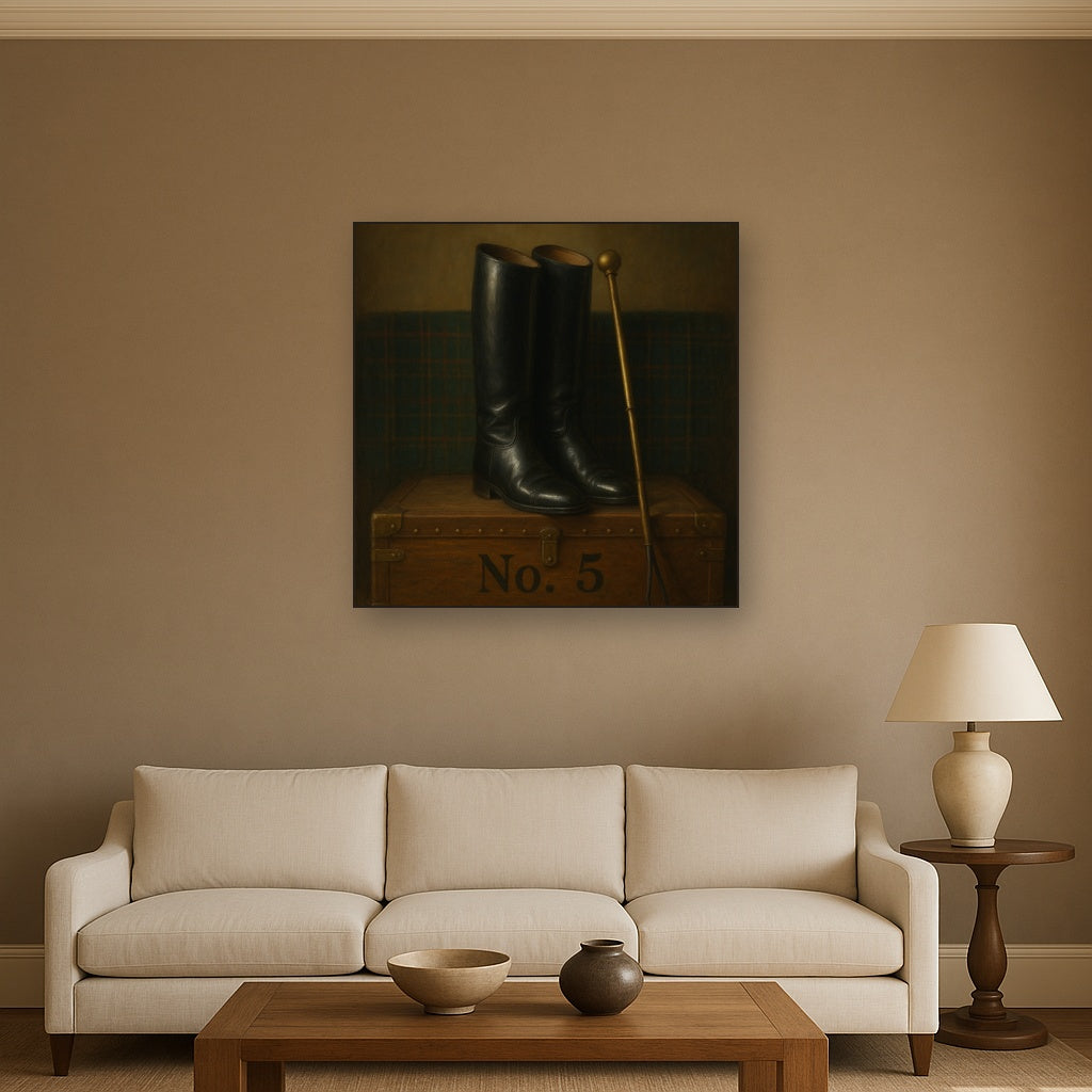 Vintage Riding Boots & Brass Crop on Trunk No. 5 Oil Painting Staged Above Sectional Sofa in Living Room, Hand Painted Canvas Wall Art for Home Decor