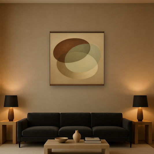 Floating Ellipse Harmony in Walnut & Pale Sage No. 23 Oil Painting Staged Above Sectional Sofa in Living Room, Hand Painted Canvas Wall Art for Home Decor