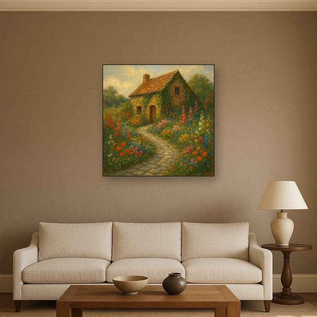 Rustic Stone Cottage Path with Wild Garden Blooms Fine Art Oil Painting - View 2