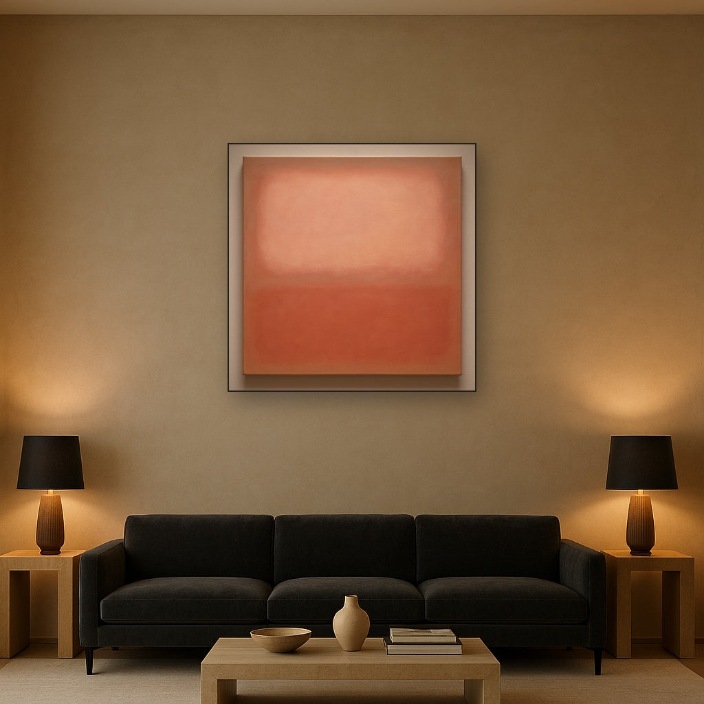Blush Rose & Dusky Terracotta Ambient Glow No. 28 Oil Painting Staged Above Sectional Sofa in Living Room, Hand Painted Canvas Wall Art for Home Decor