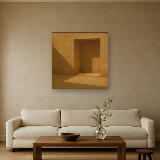 Kyoto Courtyard Shadow Japandi Oil Painting - Styled in Modern Living Room