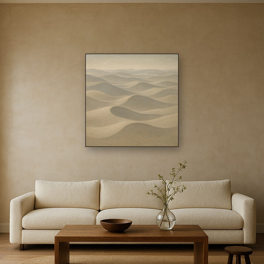 Monochrome Sand Dune Contours & Pale Slate No. 29 Oil Painting Staged Above Sectional Sofa in Living Room, Hand Painted Canvas Wall Art for Home Decor