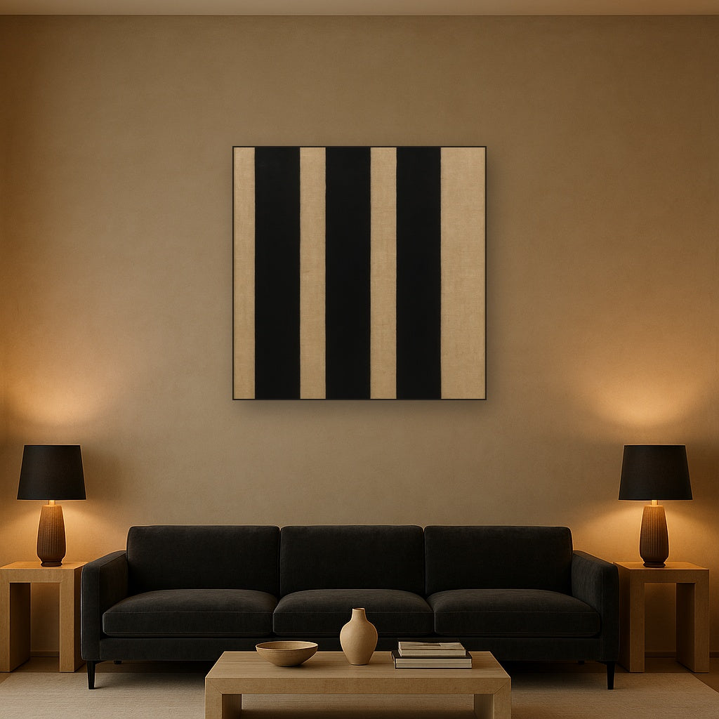 Minimalist Black Stripe & Raw Linen Rhythm No. 4 Fine Art Oil Painting - View 2