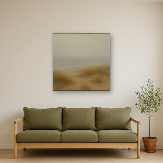 Silent Dune Grass in November Sea Fog No. 14 Oil Painting Staged Above Sectional Sofa in Living Room, Hand Painted Canvas Wall Art for Home Decor