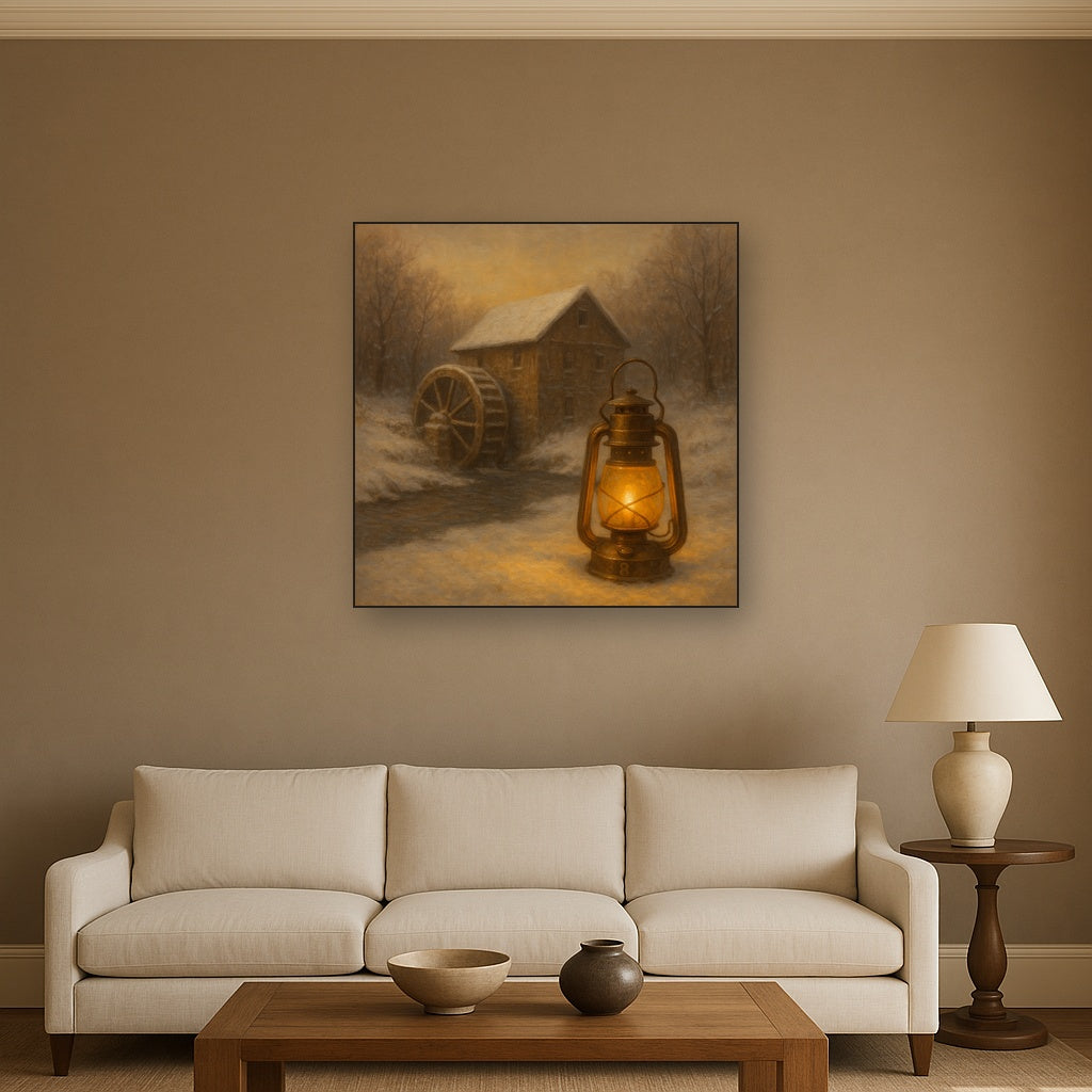 Snowy Mill Stream & Glowing Lantern No. 8 Oil Painting - View 2