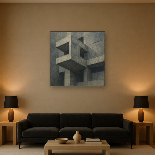 Brutalist Cantilevered Balcony Study Oil Painting - Styled in Modern Living Room