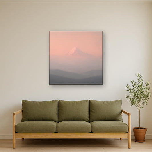 Pale Alpenglow over Distant Glacial Peak No. 19 Oil Painting Staged Above Sectional Sofa in Living Room, Hand Painted Canvas Wall Art for Home Decor