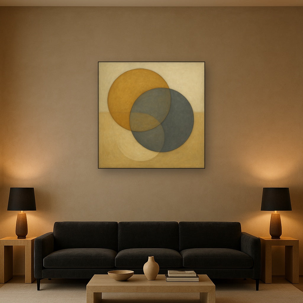 Intersecting Discs in Burnished Ochre & Slate Fine Art Oil Painting - View 2