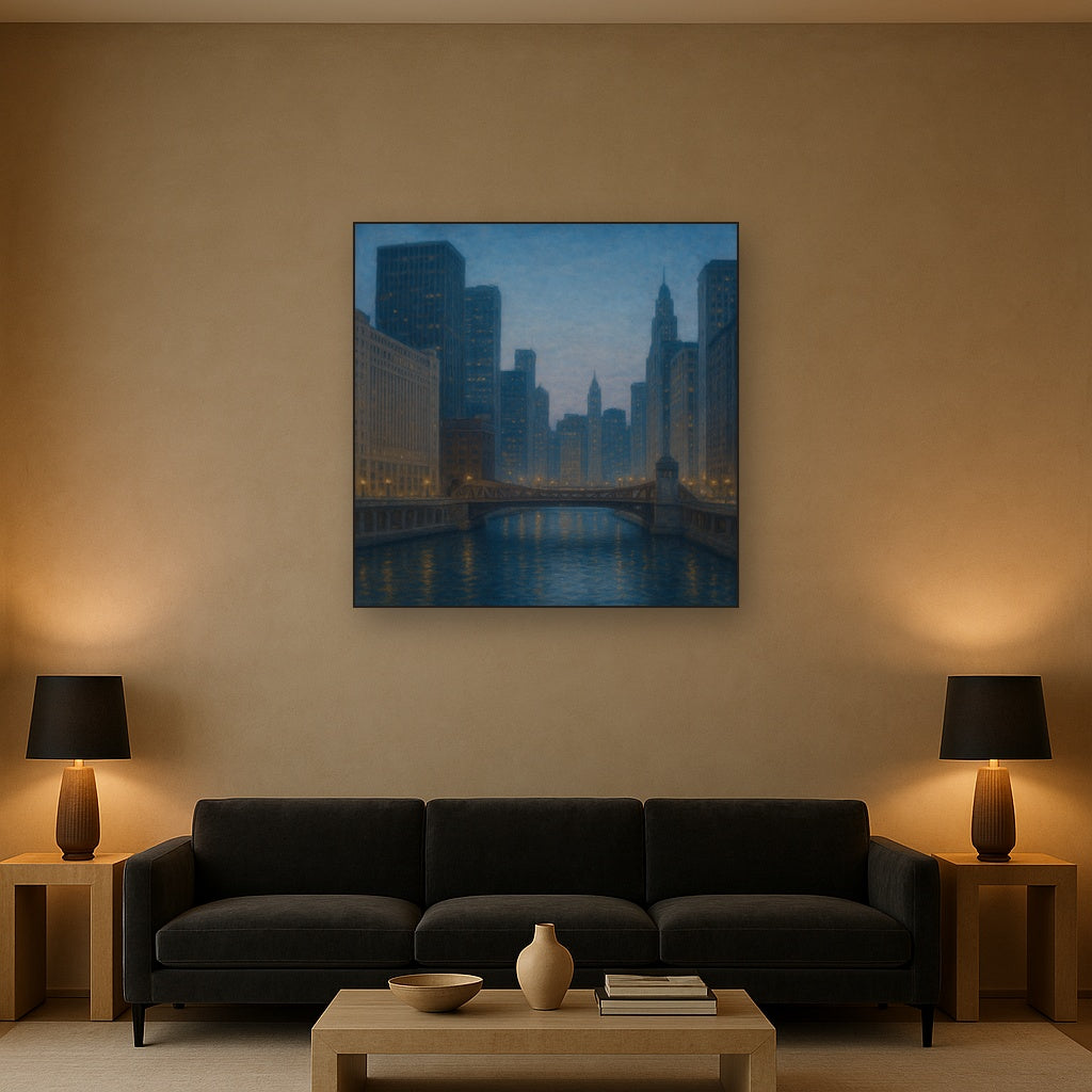 Chicago Riverfront Architecture at Blue Hour No. 23 Oil Painting - View 2
