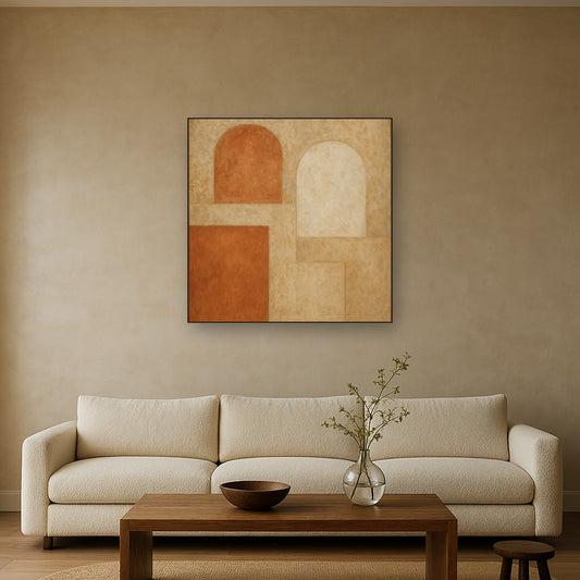 Earthy Terracotta & Weathered Plaster Wash No. 9 Oil Painting Staged Above Sectional Sofa in Living Room, Hand Painted Canvas Wall Art for Home Decor