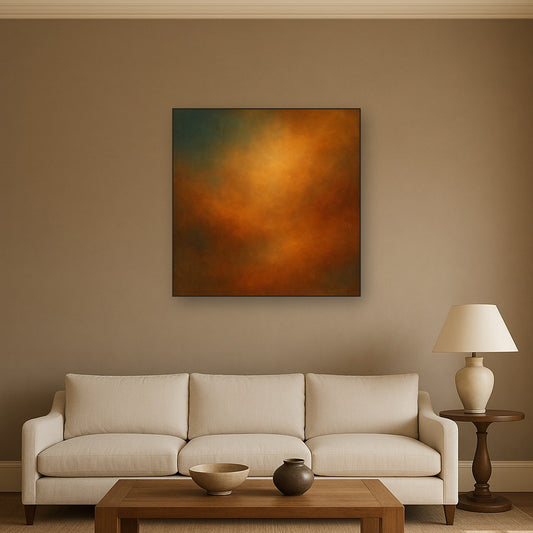 Deep Topaz & Spiced Terracotta Glow No. 20 Oil Painting Staged Above Sectional Sofa in Living Room, Hand Painted Canvas Wall Art for Home Decor