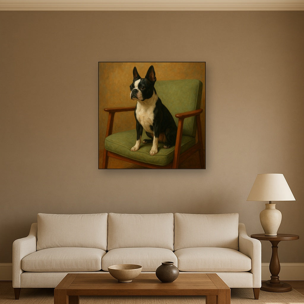Boston Terrier in Warm Mid-Century Armchair No. 3 Fine Art Oil Painting - View 2