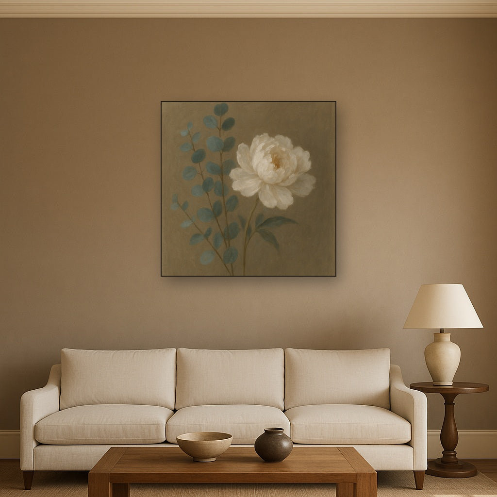 Eucalyptus & White Peony Minimalist Flora No. 8 Fine Art Oil Painting - View 2