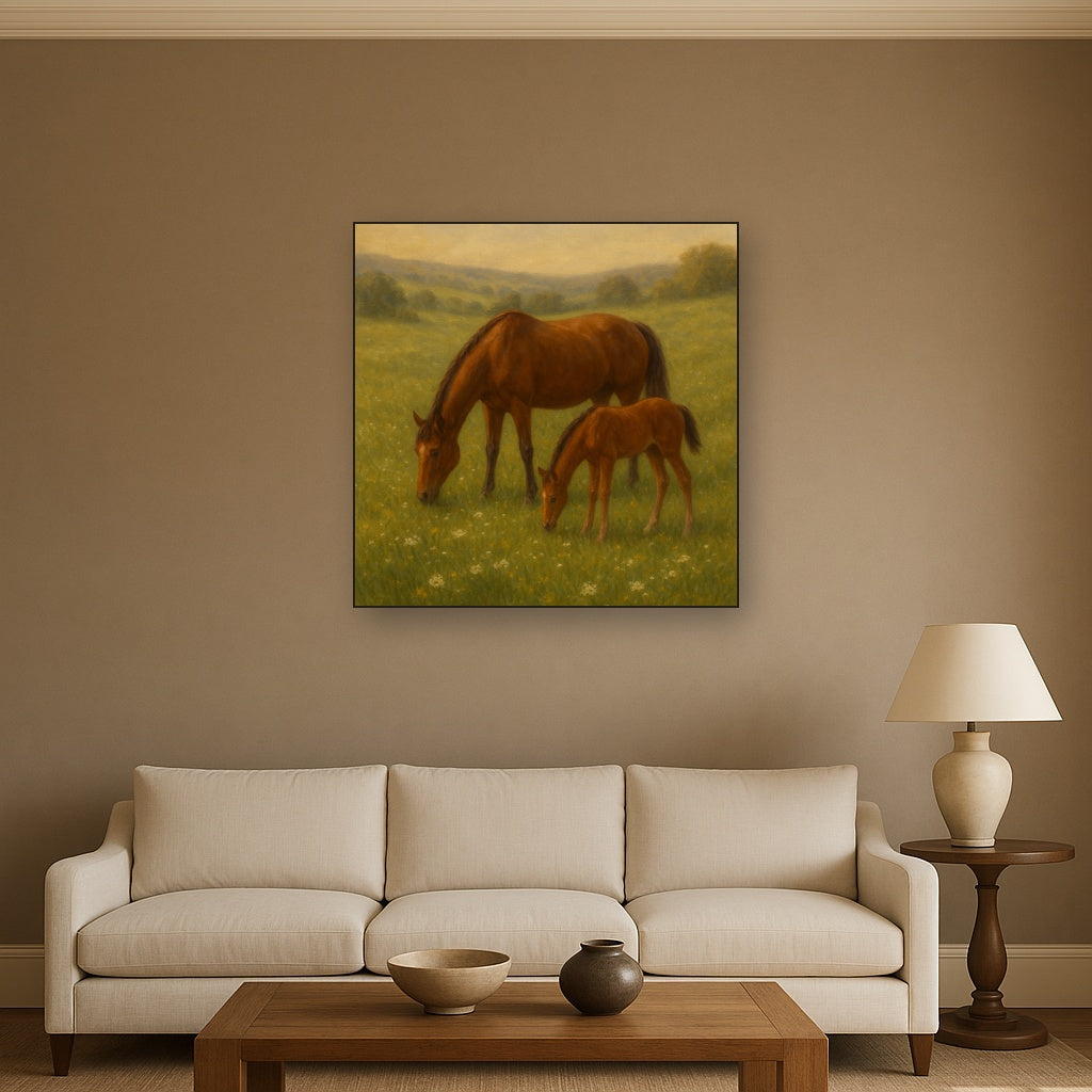 Mares & Foals Grazing in Rolling Meadow No. 18 Oil Painting - View 2