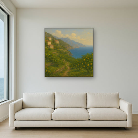 Italian Amalfi Coastline Terraces & Lemon Grove No. 11 Oil Painting Staged Above Sectional Sofa in Living Room, Hand Painted Canvas Wall Art for Home Decor