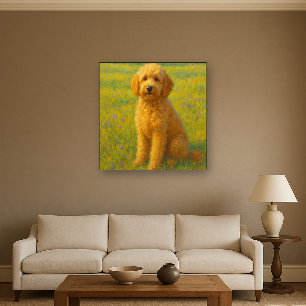Fluffy Goldendoodle in Sun-Drenched Meadow No. 12 Fine Art Oil Painting - View 2