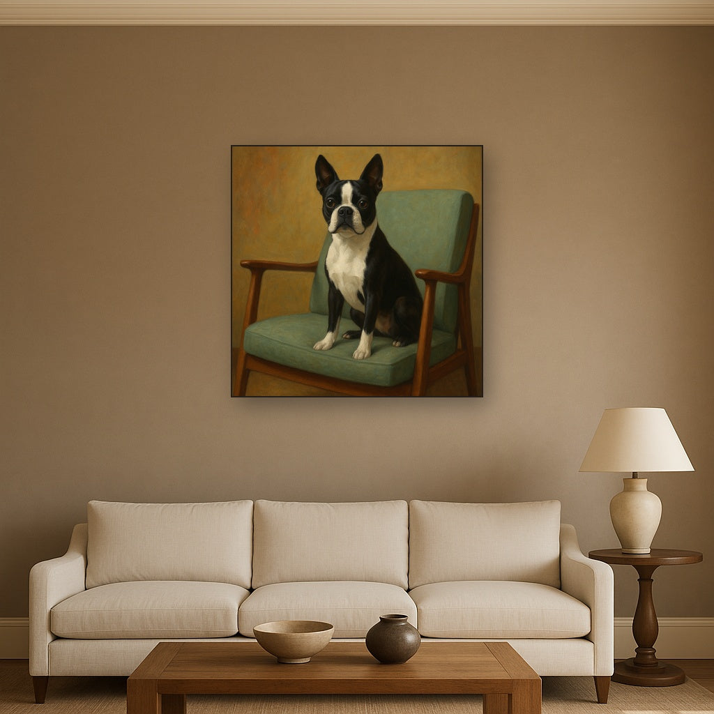 Boston Terrier in Warm Mid-Century Armchair No. 8 Fine Art Oil Painting - View 2