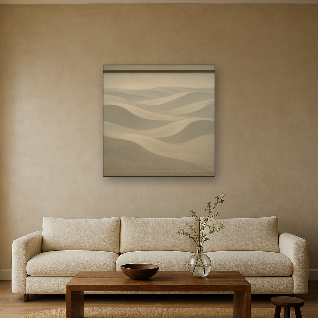 Monochrome Sand Dune Contours & Pale Slate No. 13 Oil Painting Staged Above Sectional Sofa in Living Room, Hand Painted Canvas Wall Art for Home Decor