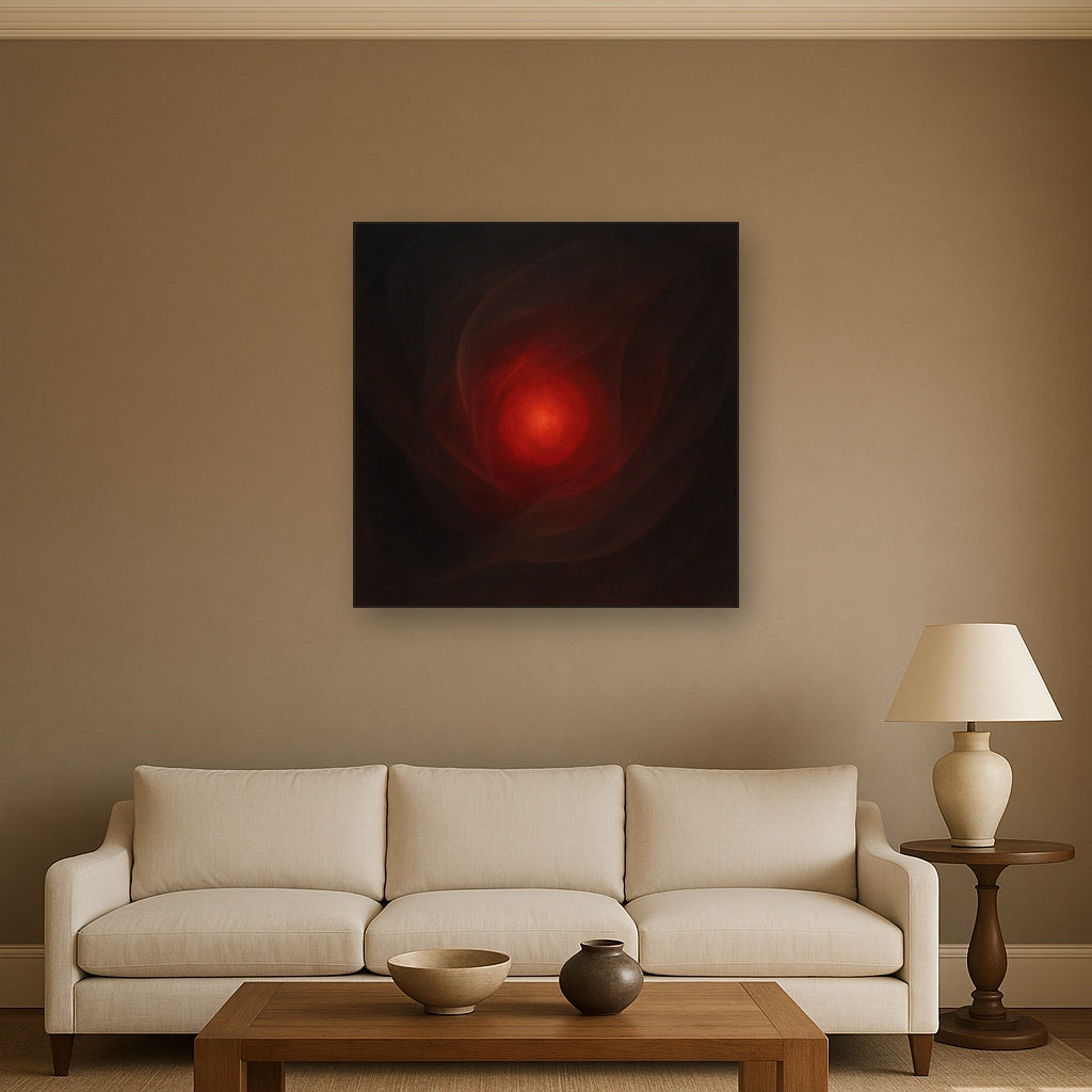 Smoky Ruby & Warm Obsidian Veils No. 11 Oil Painting Staged Above Sectional Sofa in Living Room, Hand Painted Canvas Wall Art for Home Decor