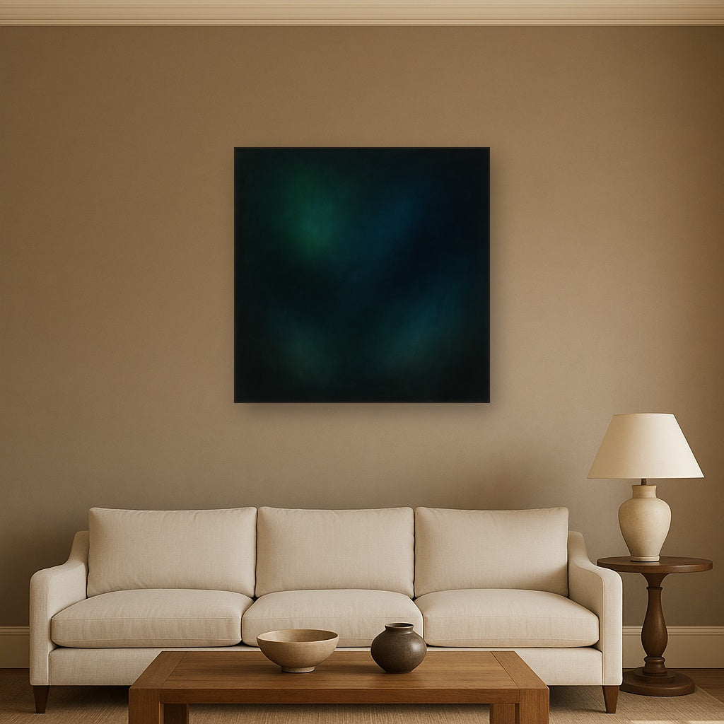 Emerald & Midnight Sapphire Sfumato Immersion No. 2 Oil Painting Staged Above Sectional Sofa in Living Room, Hand Painted Canvas Wall Art for Home Decor