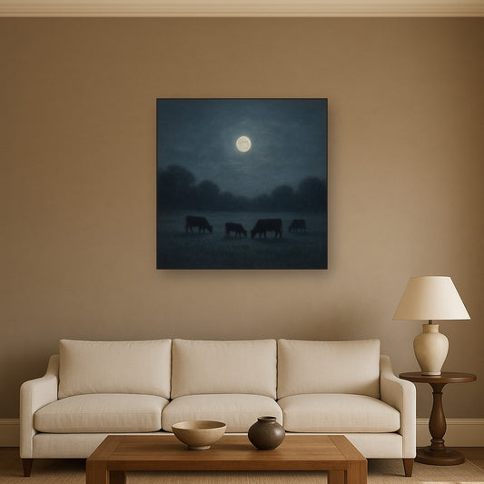Moonlit Pastoral Meadow & Cattle Silhouettes No. 10 Oil Painting Staged Above Sectional Sofa in Living Room, Hand Painted Canvas Wall Art for Home Decor