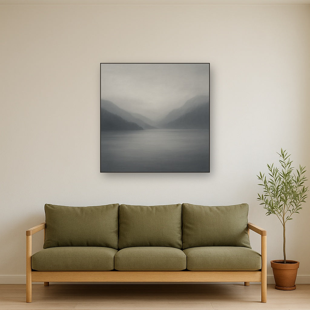 Misty Fjord Horizon in Monochromatic Slate No. 19 Oil Painting Staged Above Sectional Sofa in Living Room, Hand Painted Canvas Wall Art for Home Decor