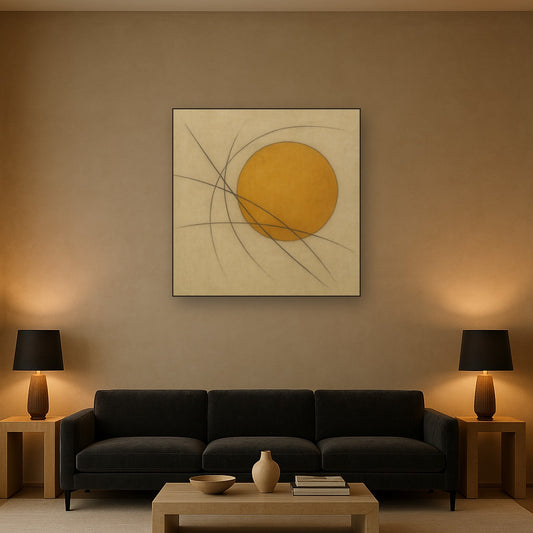 Abstract Tangent Lines & Earthy Ochre Disc No. 5 Oil Painting Staged Above Sectional Sofa in Living Room, Hand Painted Canvas Wall Art for Home Decor