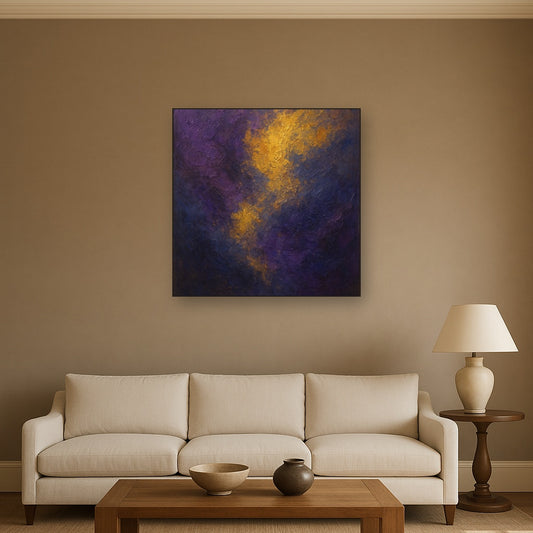 Amethyst Shadow & Celestial Gold No. 5 Oil Painting - Styled in Modern Living Room