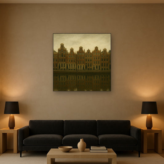 Amsterdam Canal Houses Under Overcast Sky No. 14 Oil Painting Staged Above Sectional Sofa in Living Room, Hand Painted Canvas Wall Art for Home Decor