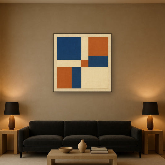 Bauhaus Minimalist Grid Geometric Oil Painting - Styled in Modern Living Room
